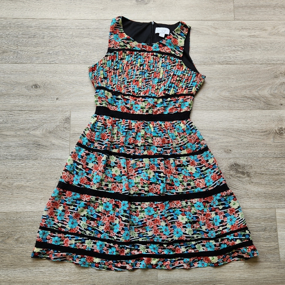 Jessica Simpson Floral Dress Womens 8 Black Crochet Sleeveless Pleated Summer